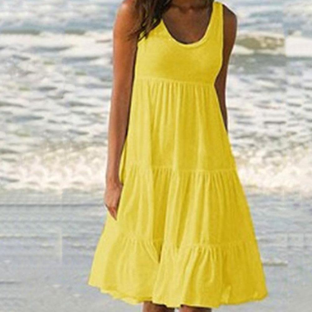 Frauen Casual O Neck Ärmellose Rüschen Mini Kleid Boho Solide Strand Sommerkleid Übergroßen Lose Kleid Sommer XXL gelb