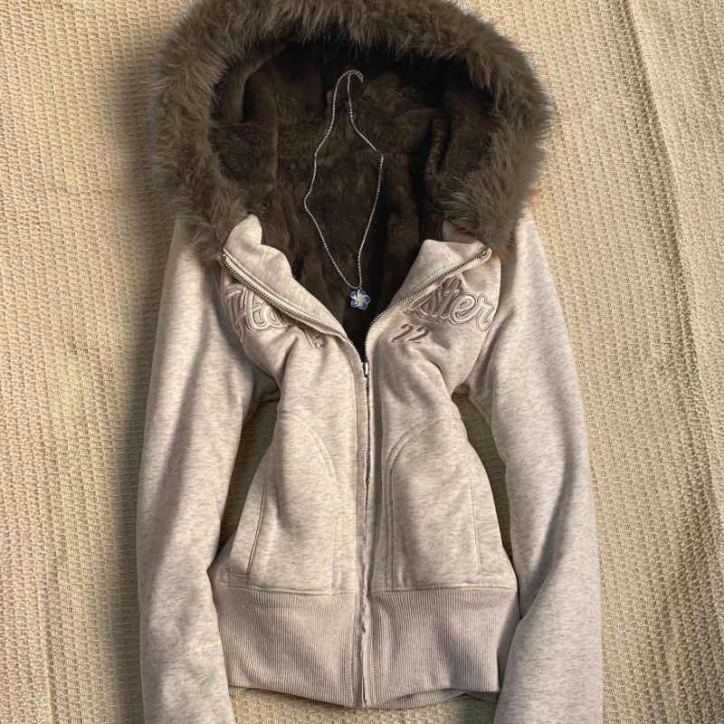 2KWEIRD Jacken Damen Herbst Winter Stickerei Buchstaben Reißverschluss Oberbekleidung Lockere Kapuzenpullover Y2k Harajuku Grunge Sweatshirts L