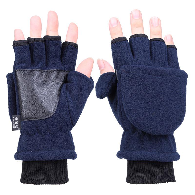 Doppelschichtige, warme, verdickte, rutschfeste Touchscreen-Halbfinger-Fahrrad-, Ski- und Snowboard-Angelhandschuhe navy blau