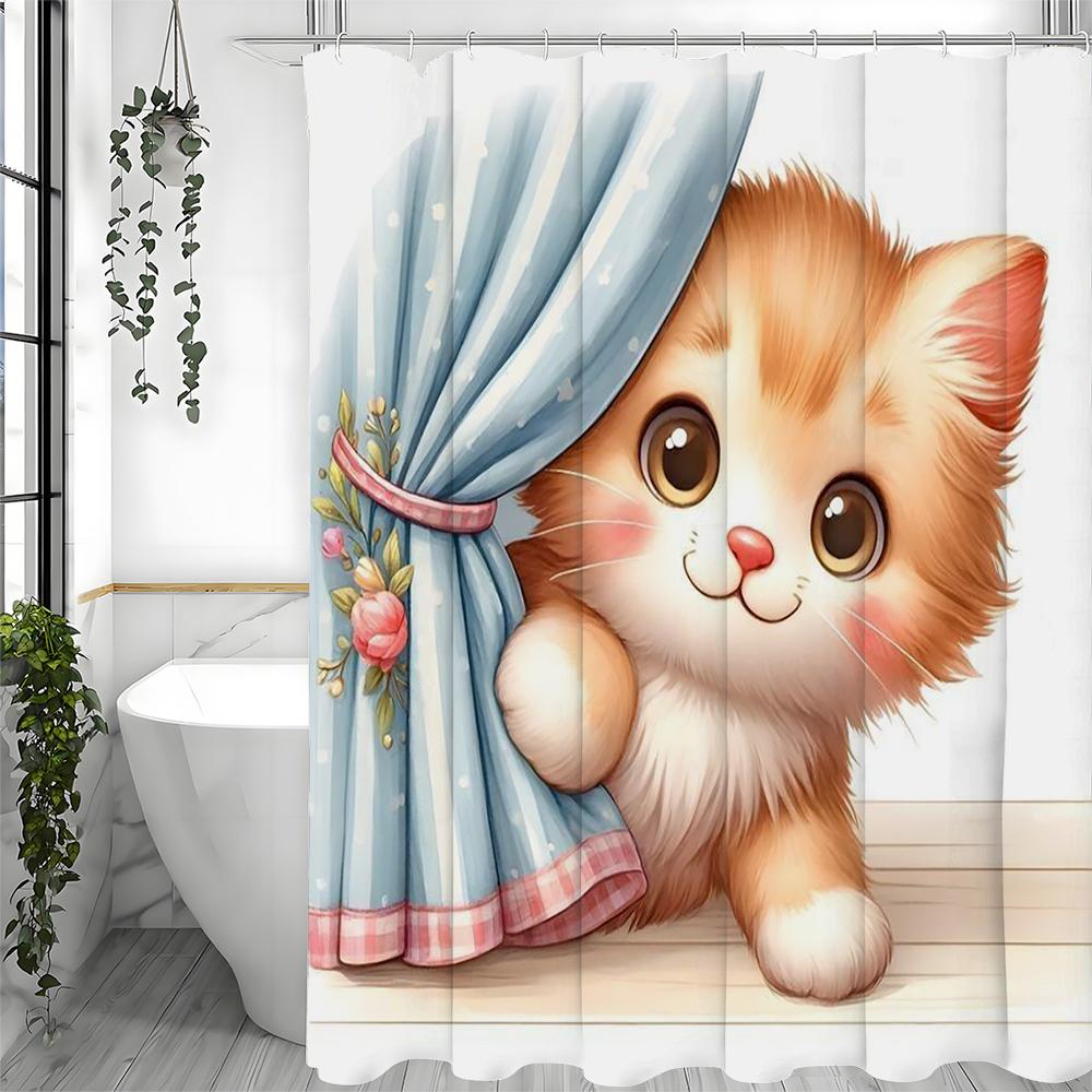 Niedliche Katze Duschvorhang, Dekorativer Duschvorhang für Badezimmer, Wasserdichter Duschvorhang mit Haken 90*180cm