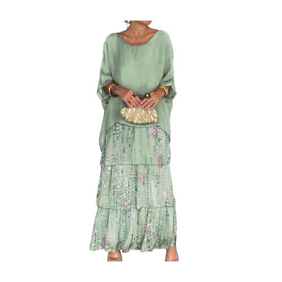 Abendkleid, mehrlagiges, verstreutes Kuchensaum, Kontrastfarbdruck, Maxikleid mit halblangen Ärmeln, Fledermausärmeln, weites Chiffonkleid mit Rundhalsausschnitt für Party und Abschlussball XL hellgrüne