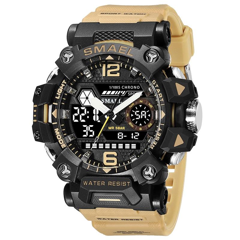 SMAEL Männer Uhren 50 m Wasserdichte Sport Uhr Militär Mann Sport Uhr Digital 8072 Dual Display Uhr Quarz Led Digital beige