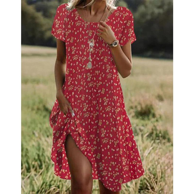 YYFS Damenmode Sommer Frühling Tupfenmuster Kurzarm O-Ausschnitt Lockere Taille Lässige Kleider XL dunkelrote