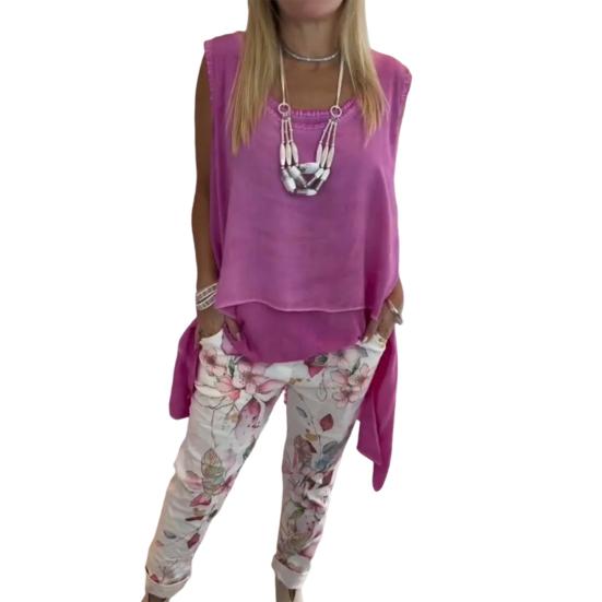 2-teiliges Lounge-Set für Damen, ärmellos, Tanktop mit asymmetrischem Saum, Blumendruck, Jogginghosen-Set, lässiges, lockeres Outfit für Frühling und Sommer XXL rosa