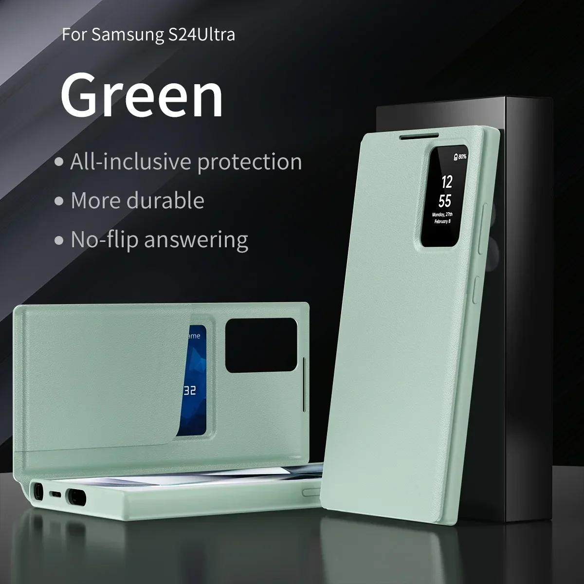 Leder-S-View Windows Wallet Flip Case für offizielles Samsung Galaxy S25/S24/S23/S22 Ultra Plus S23 FE S25edge A56 A55 Kartenfach Stoßfeste Abdeckung For Galaxy S25Plus&With Packet Box grün