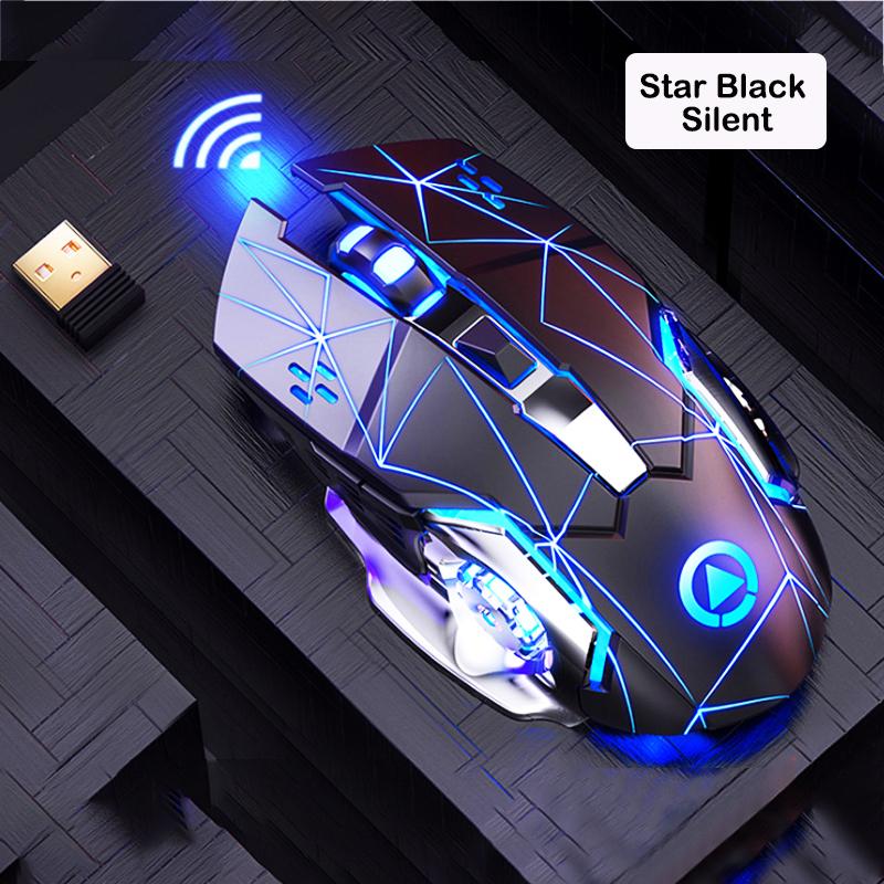 VAORLO 2,4G Wireless Gaming Maus 1600 DPI LED Wiederaufladbare Einstellbare Gamer Stille maus Stumm Gamer Maus Spiel Mäuse für PC Laptop schwarz/Stern