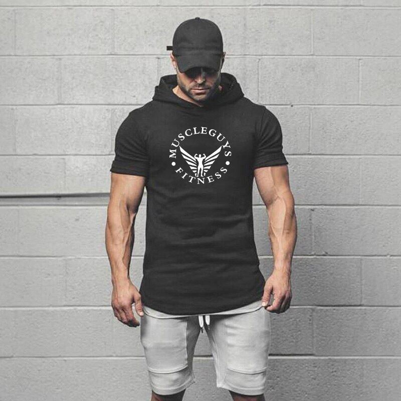 Muscleguys Sport Kapuzen-T-Shirt Sommer neues Herren Kurzarm-T-Shirt Baumwolle Trend Bodybuilding Fitness Kapuzen-Halbarm-Pullover XL schwarz