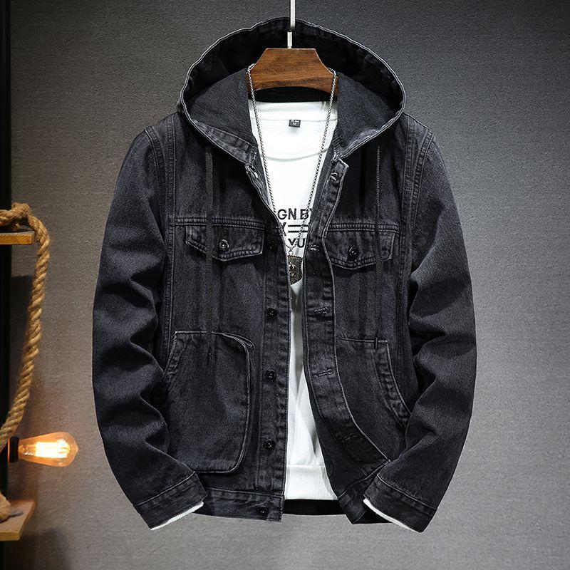 Frühlings-Herren-Jeansjacke mit Kapuze, lässige Mode, Sport-Jeansjacke S schwarz
