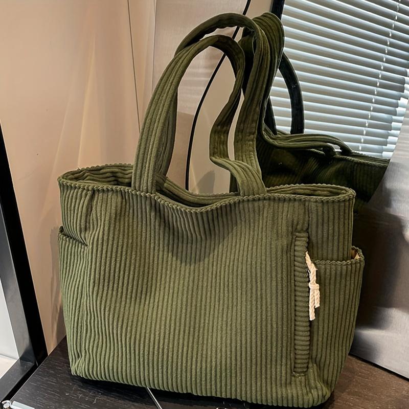 Lässige Cord-Handtasche mit Reißverschluss, leichte und geräumige Umhängetasche, einfarbige Alltags-Pendler-Handtasche, Tragetasche, Schüler-Klassenraum-Paket grün