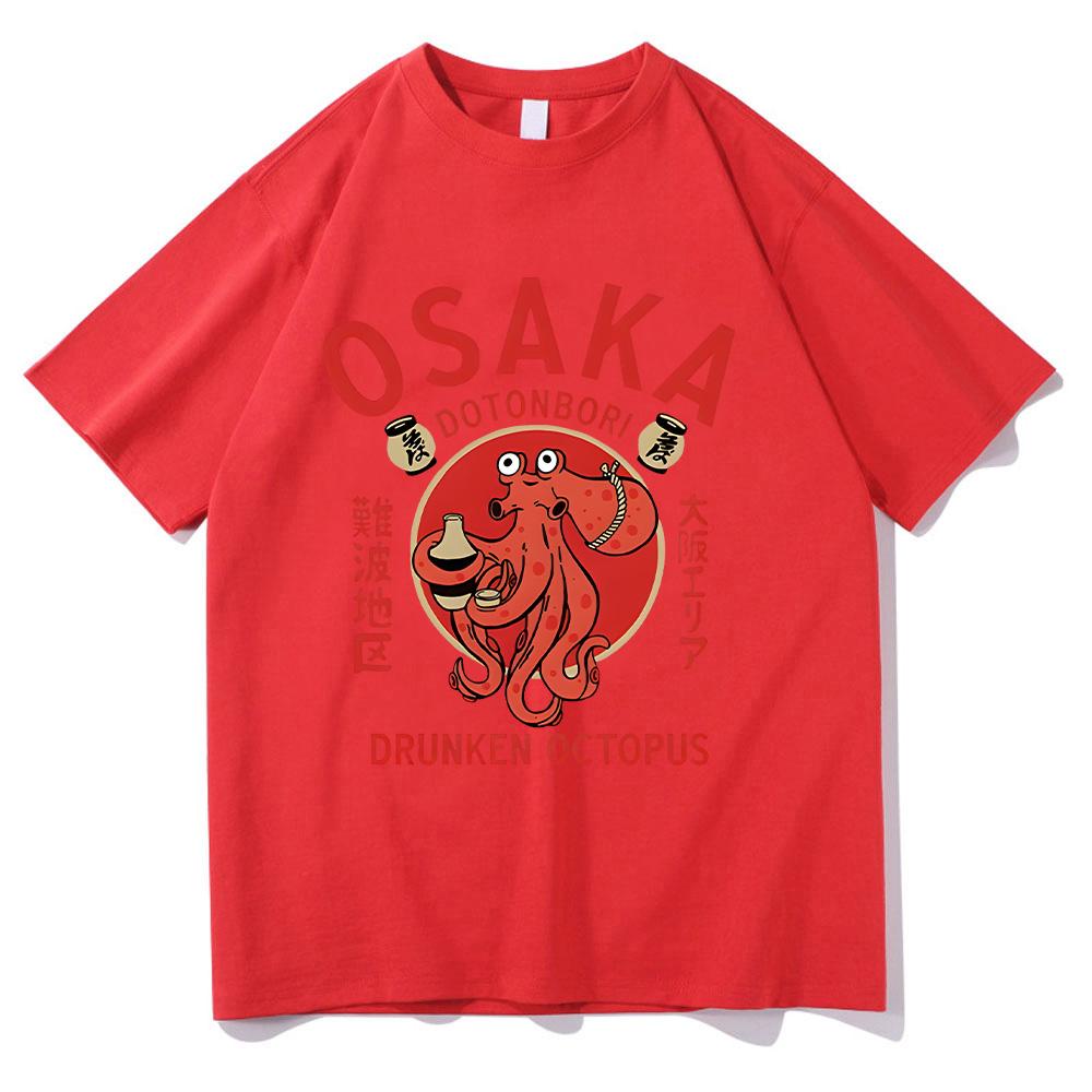 Osaka Dotonbori Betrunkener Oktopus T-Shirts Japanisches Essen Lustige Baumwoll-T-Shirts Sommer-Mode Damen Herren Tops Vintage Ästhetische T-Shirts XXL rot