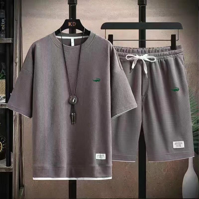 8 Farben S-4XLCasual Anzug Sommer Neue Waffel Lose Casual Zwei-stück Set Grenzüberschreitende Sport Anzug männer Kurze Ärmel M graue