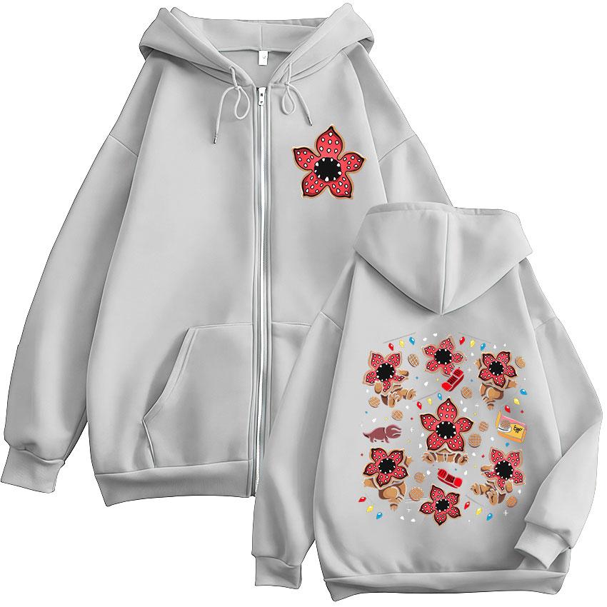 Eddie Munson Der Demogorgon Niedliche Kannibalenblume Reißverschluss Hoodies Herren Damen Kleidung Mode Kapuzenpullover mit Reißverschluss Jacken S grau