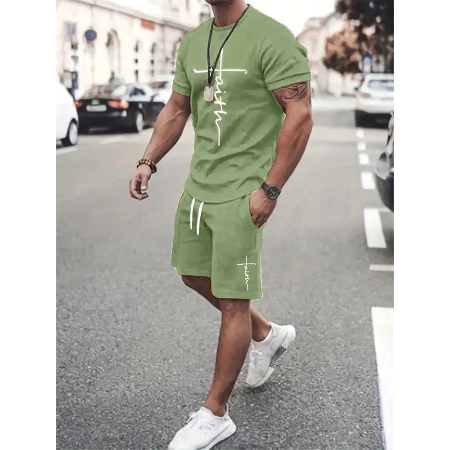 Herren T-Shirt Shorts Set Mode Herren Kreuz Bedruckt Kurzarm Zweiteilig Übergroßer Outdoor Strandsport Herrenanzug Übergröße M
