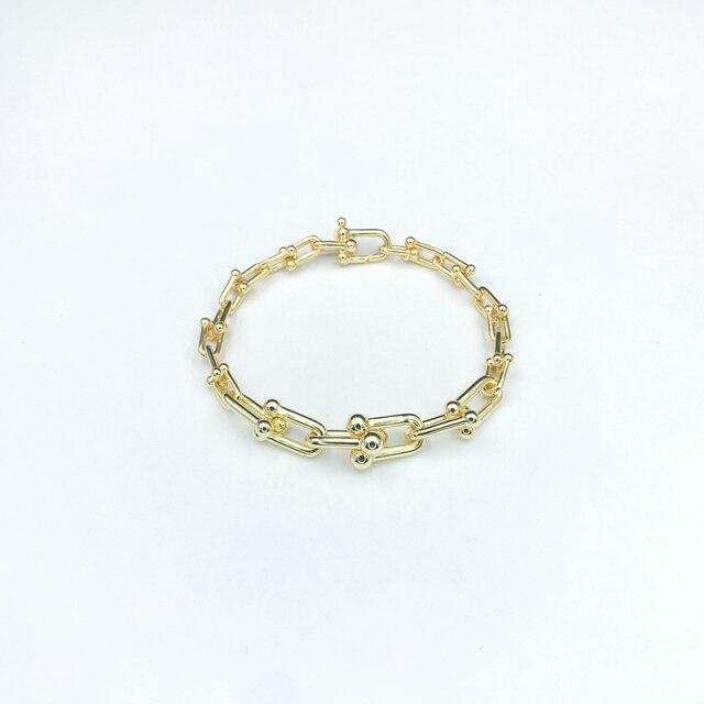 Reines 925 Sterling Silber Damen Schmuck U-Ring Gradient Kette Armband Party Armband Schmuck 22cm gold