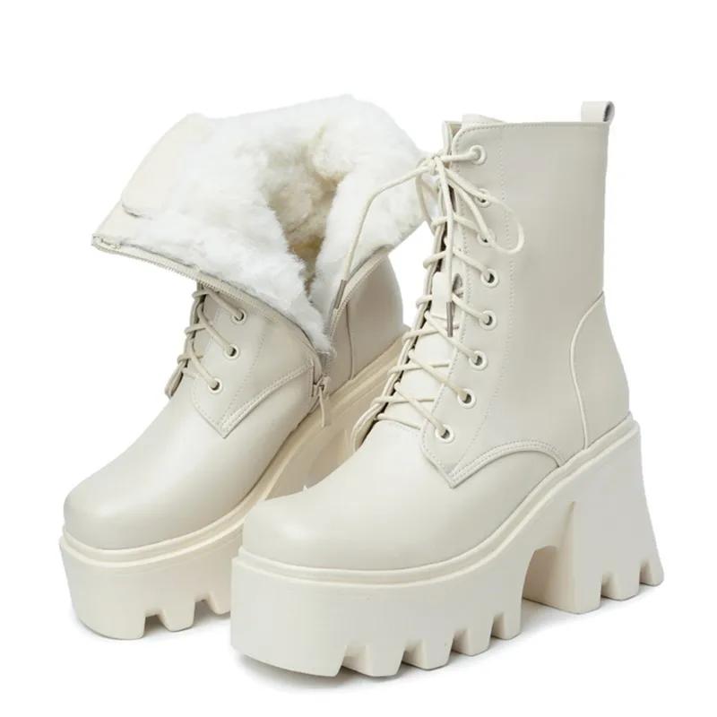 Damen Stiefeletten Plateau High Heel Echtleder Wolle Warme Winterstiefel Damen Schnürstiefel Fashion Biker Boots Damen 34