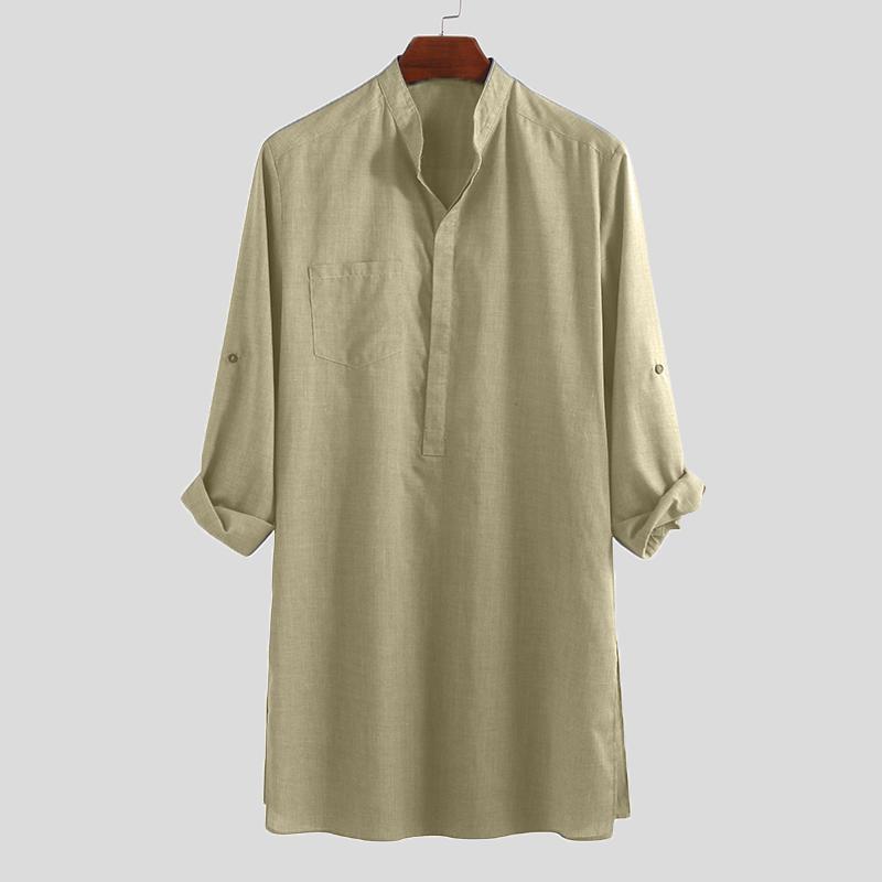 INCERUN S-5XL Herren Regular Fit Kragen Kurta Muslimische Kleider Abaya Kaftan Langarm Herrenhemd S beige