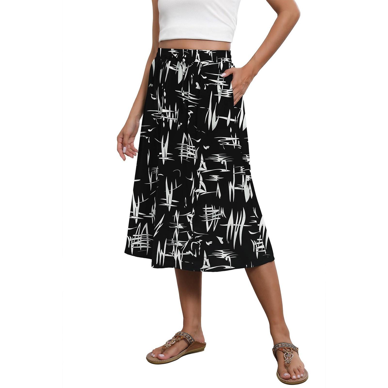 Fließender Rock in Midilänge, elastischer A-Linien-Rock mit hoher Taille und Taschen für Damen, trendiger Rock XL graue