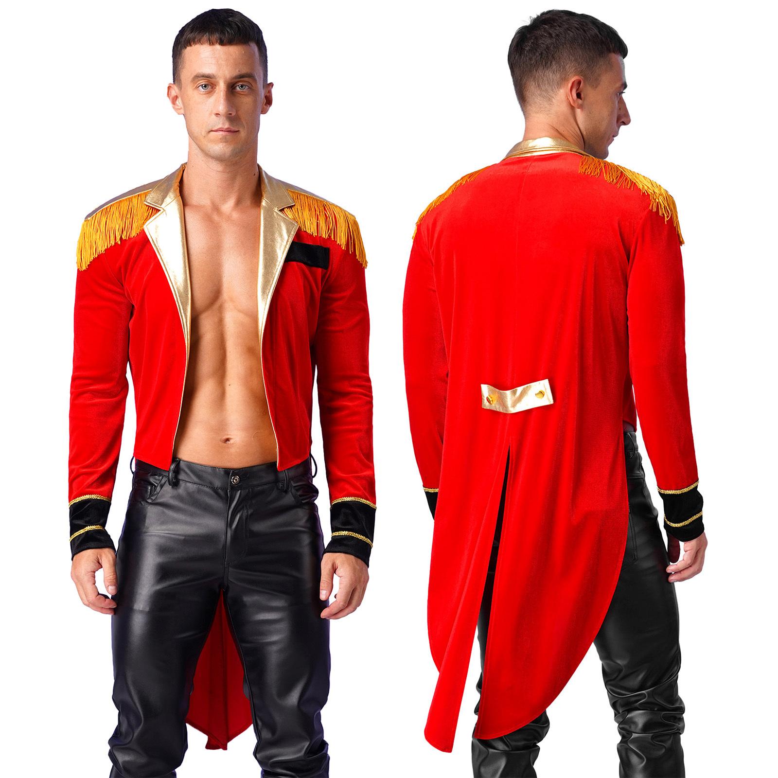 Herren Zirkus Ringmaster Kostüm Halloween Löwenbändiger Showman Frack Langarm Schwalbenschwanz Mantel Jacke Cosplay Kostüm 3XL rot