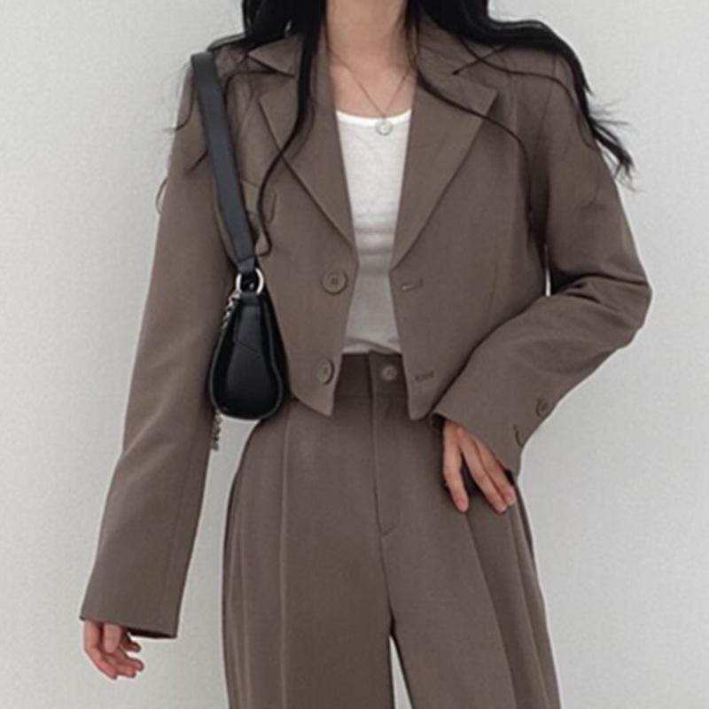 Damen Business Arbeits Blazer Set Langarm Cropped Blazer Bleistifthose Anzug Bürodame Zweiteiliges Set Trainingsanzüge Lässige Outfits XXL braun