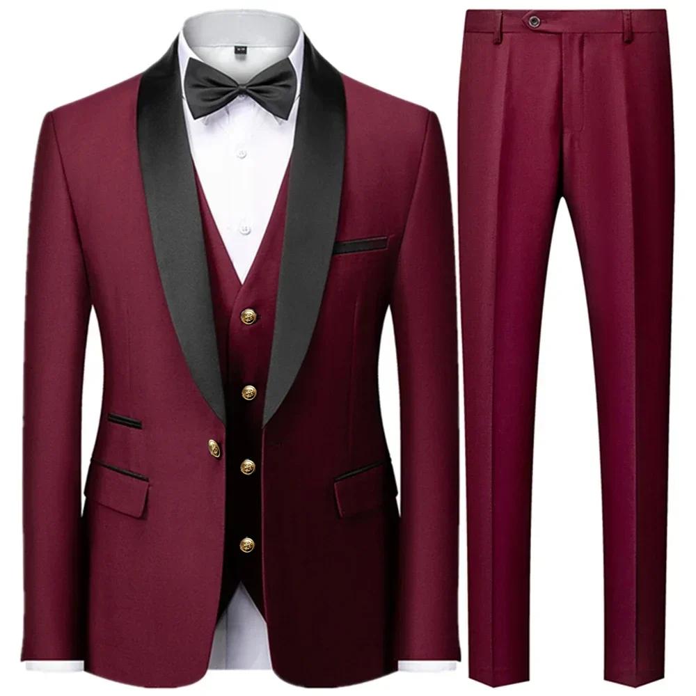 Herrenanzug Groomsmen Regular Fit Smoking 3-teiliges Set Jacke+Hose+Weste Blazer Hosen XXL wein rot