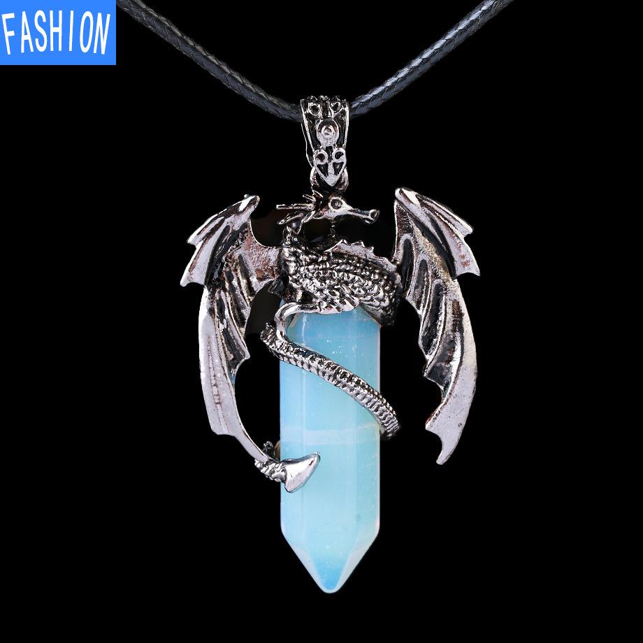 Drachen-Anhänger-Halskette für Männer und Frauen, coole Heilkristall-Amethyst-Halskette, natürliche Rosenquarz-Halskette, westlicher Drachen-Schmuck Opal