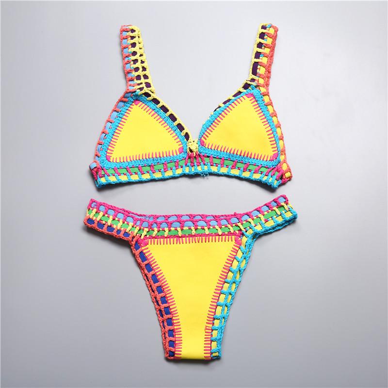 Bikini Damen Handarbeit Häkelstrick Bademode Neckholder Patchwork Badeanzug Badeanzug Biquini Tanga Bikini S gelb