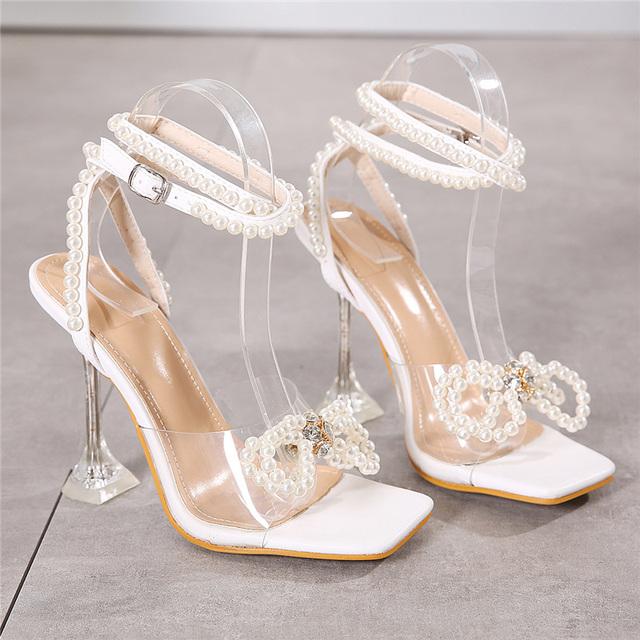 Frauen 11cm High Heels Kristall Perle Sandalen Dame Riemchen Stripper Sommer Sandalen Fetisch Hochzeit Braut Klar Heels Schuhe 35 weiß