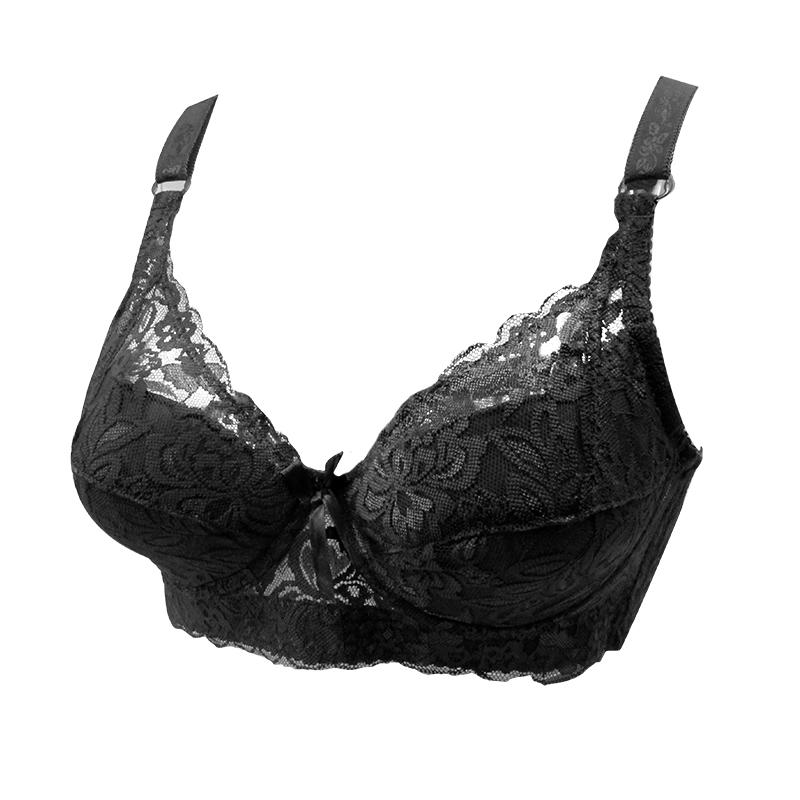 Plus Size Damenunterwäsche, modischer Stahlring, großer BH, Blumenspitze, dünner BH, bequemer, einfarbiger, geraffter BH 42/95 schwarz