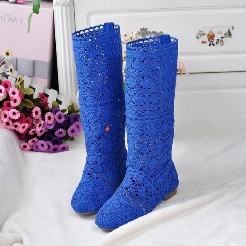 2025 neue Frühling Spitze hohl Martin Stiefel Einzelstiefel flache hohe Stiefel Netzstiefel coole Stiefel Lochschuhe Damenstiefel single layer königsblau