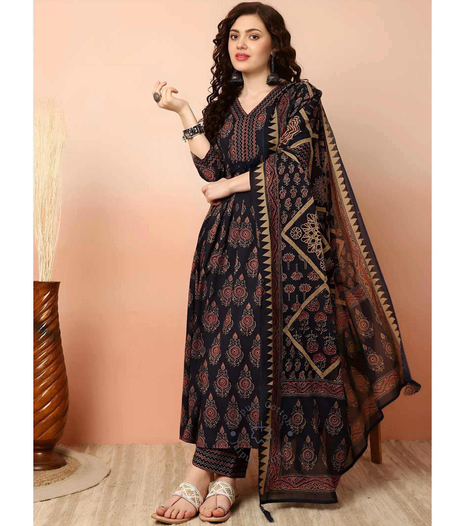 Damen Designer Blumenmuster Kurta Hose Dupatta Set Indisches Bollywood Oberteil Tunika Kurti 3XL navy blau