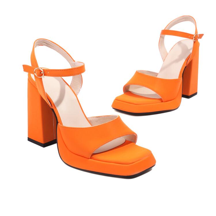 FOREADA Damen PU Leder Sandalen Plateau Dicke Super Hohe Absätze Peeptoe Knöchelriemen Schnalle Sexy Sommerschuhe Schwarz Orange 35 orange