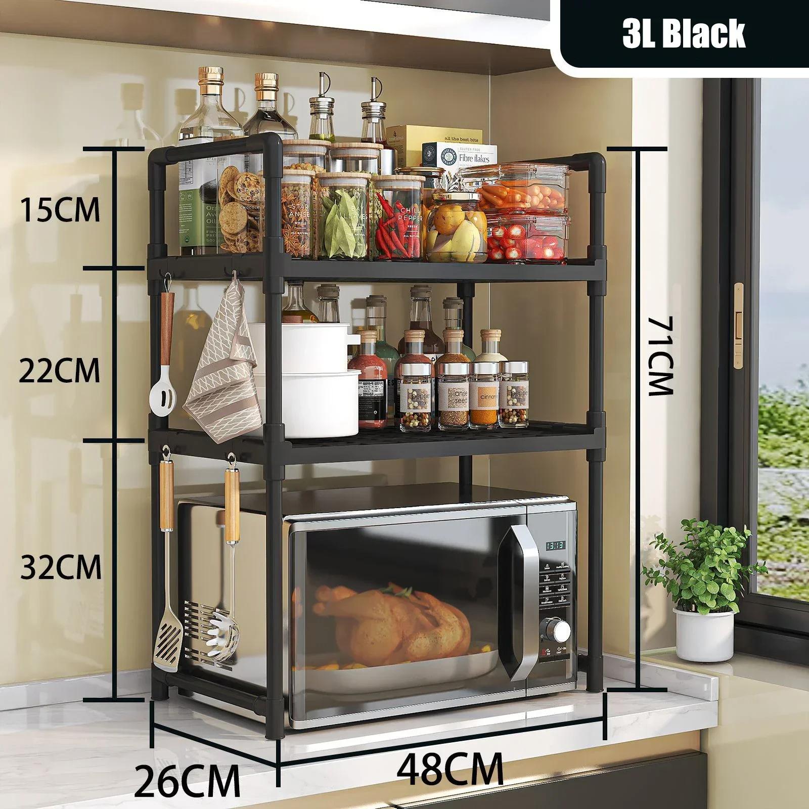 Küche erhöhtes Design Gewürzregal Mikrowellen-AufbewahrungsregalBilayer-Ofen Moderner Minimalismus Küchenzubehör-Organizer 3 layer schwarz