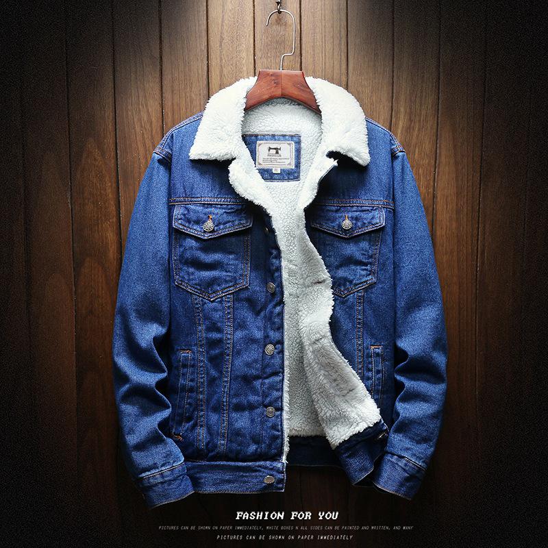 Jean Jacke Männer Dicke Streetwear Denim Bomber Jacken Mantel Männlich Vintage Blau Herren Outwear Plus Samt Einreiher Windschutz XXL dunkelblaue