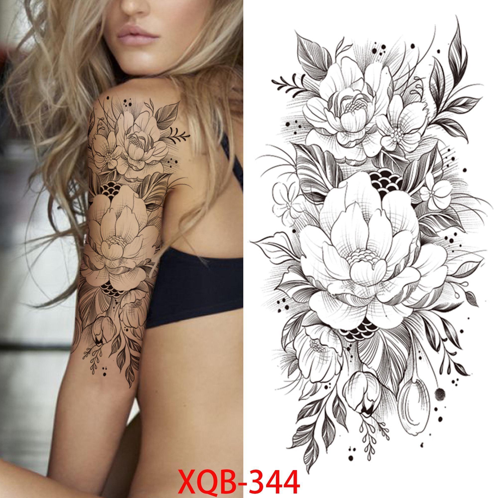 1 STÜCK 210*114 MM Henna Lotus Temporäre Tattoo Für Frauen Gefälschte Schmuck Ketten Schwarze Blume Körperkunst Abstrakte Tattoo Aufkleber Transfer Mädchen Tattoo XQB-344