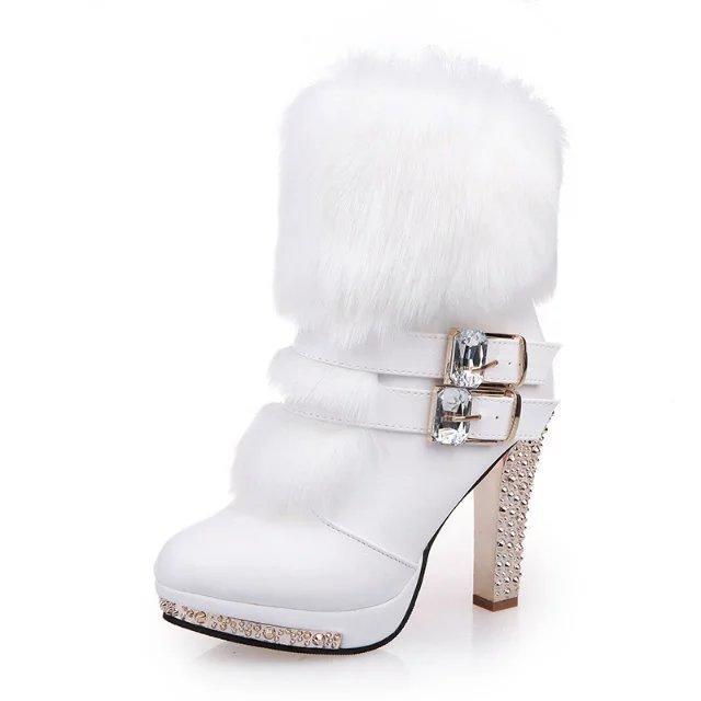 Pelz Frauen Stiefel Weibliche Dick mit High Heel Pelz Strass frauen Stiefel Schnee Stiefel Dame High Heels 38 weiß