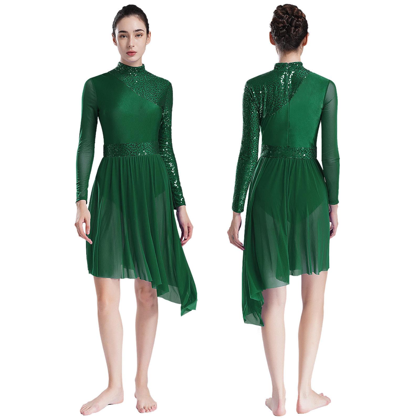Damen Glitzernde Pailletten Modernes Lyrisches Tanzkleid Langarm Unregelmäßiger Saum Kleider Performance Kostüm S grün