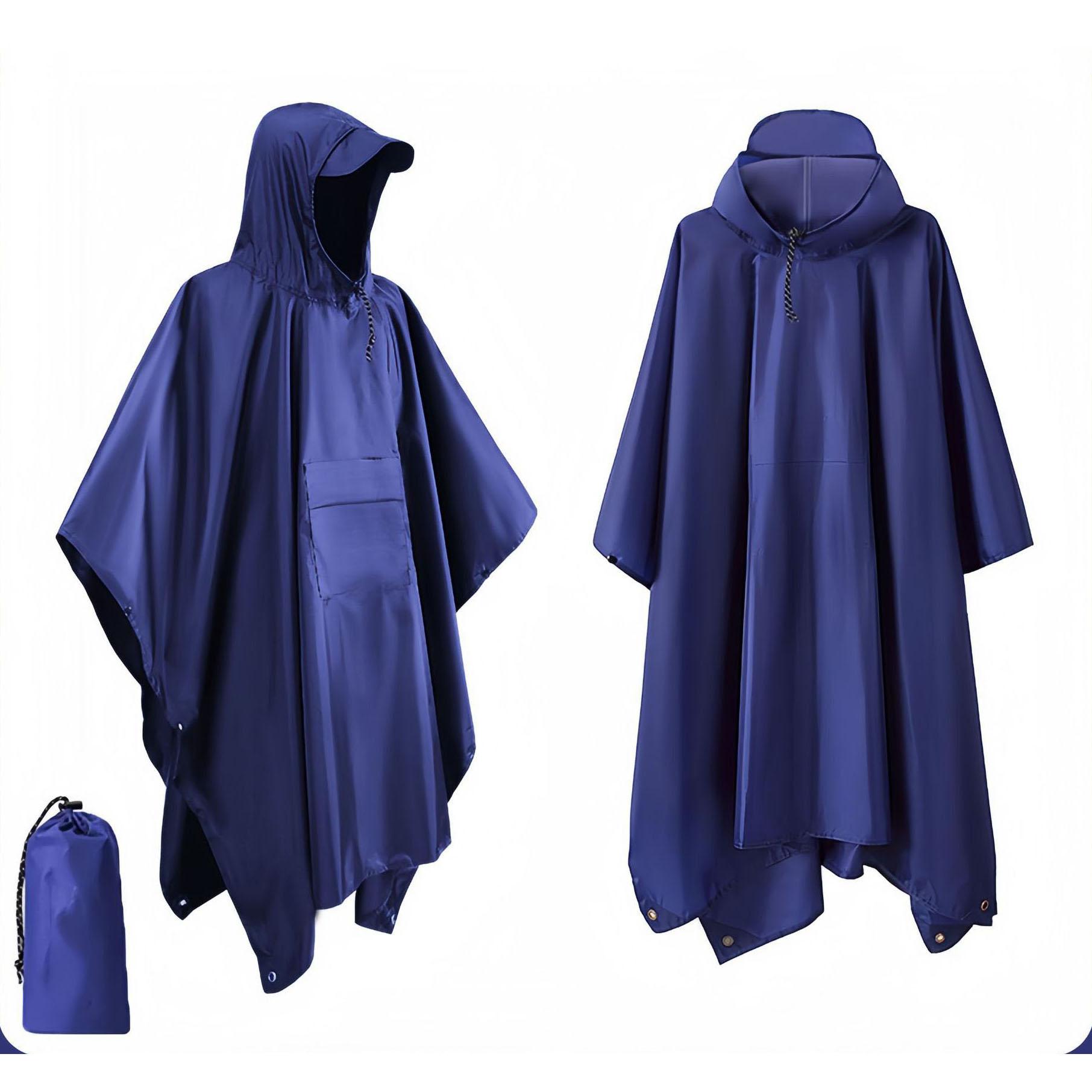 3-in-1 wasserdichter langer Regenmantel für Erwachsene, Damen und Herren, Regenmanteljacke mit Kapuze, Poncho für Outdoor-Wanderungen, Reisen, Angeln, Regenbekleidung One Size blau