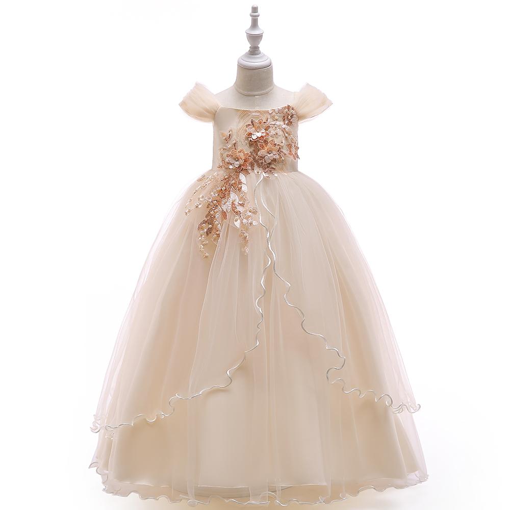 Neu Sommer Spitze Mädchen Hochzeit Kleid Abend Brautjungfer Kleider Kinder Mädchen Prinzessin Kleider 170CM champagner