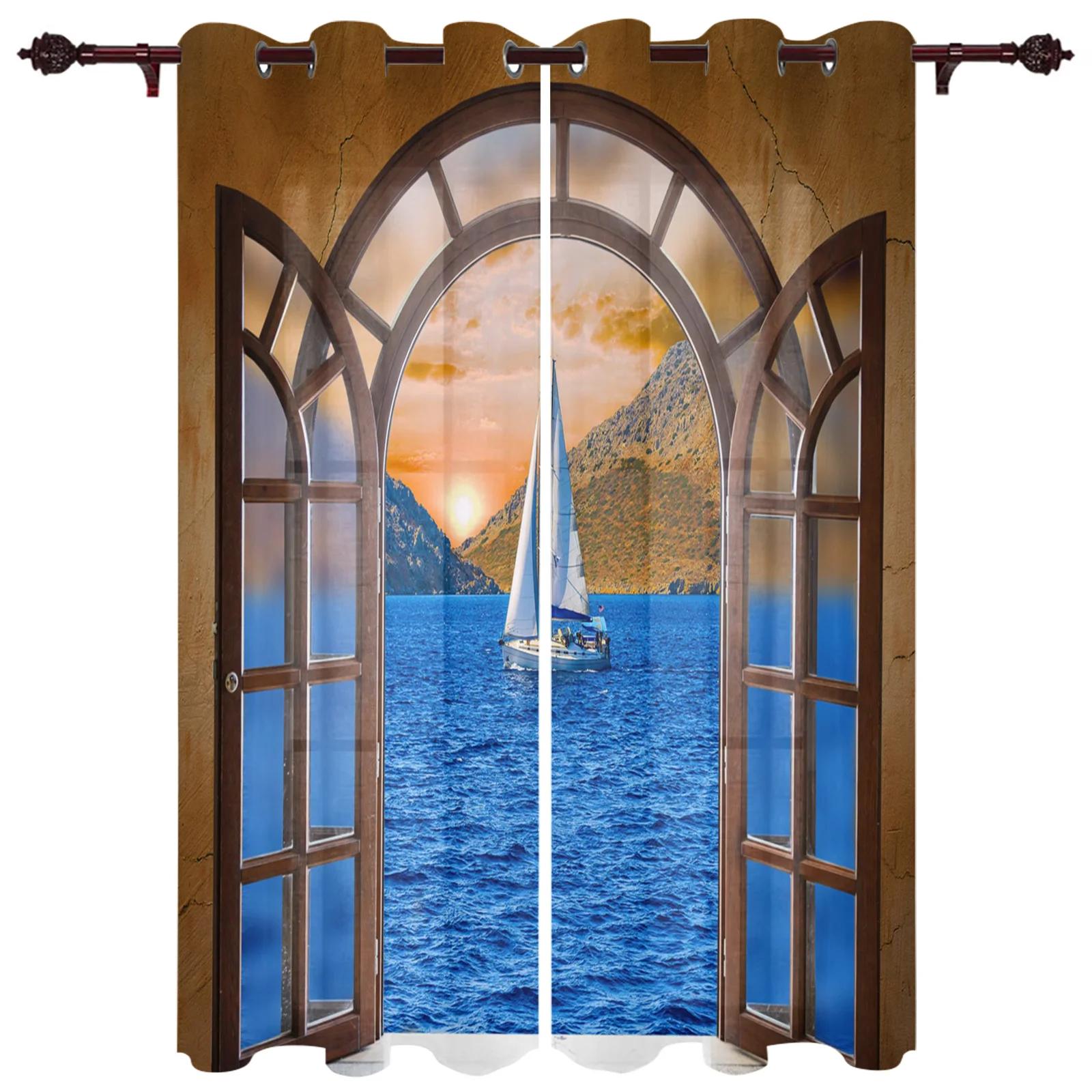 Ozean Nautisch Segeln Fenster Vorhänge Heim Dekoration Hauptraum Vorhänge Küchen Vorhänge Panel Vorhänge für Schlafzimmer Fenster cortina (W50H130cm)-2pcs&Hook beige