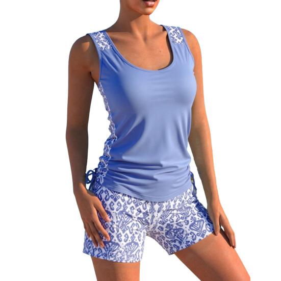 2-teiliges/Set Badeanzug V-Ausschnitt Ärmellos Seitlicher Kordelzug Oberteile High Waist Badehose Set Print Split Badeanzug S blau