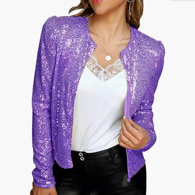 Mode Stehkragen Kontrast Pailletten Mantel Frauen Kleidung Frühling Und Herbst Langarm Jacke Casual Zipper Kurzen Mantel 29445 XL violett