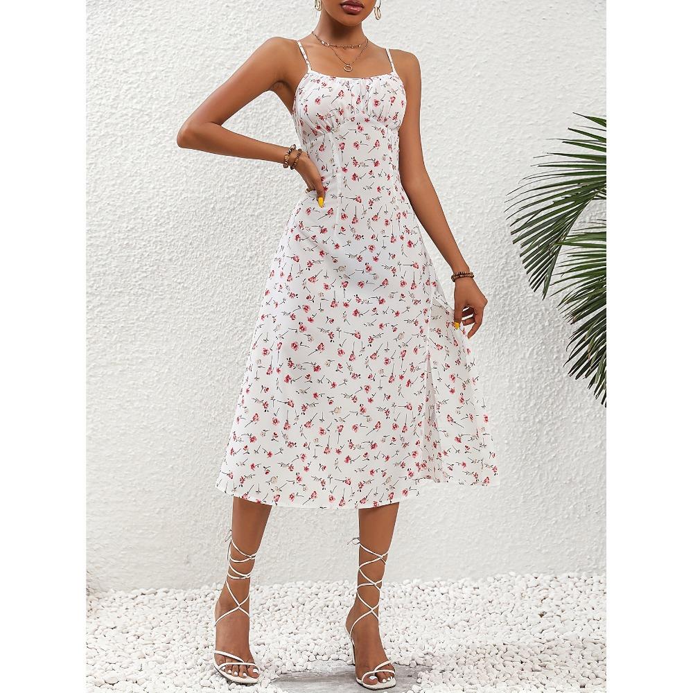 2025 Sommer Sexy Spaghetti-Trägern Kleid Damenmode Polka Dot Print Ärmelloses Kleid mit Schlitz Boho Casual Beach Midi Kleider M weiß