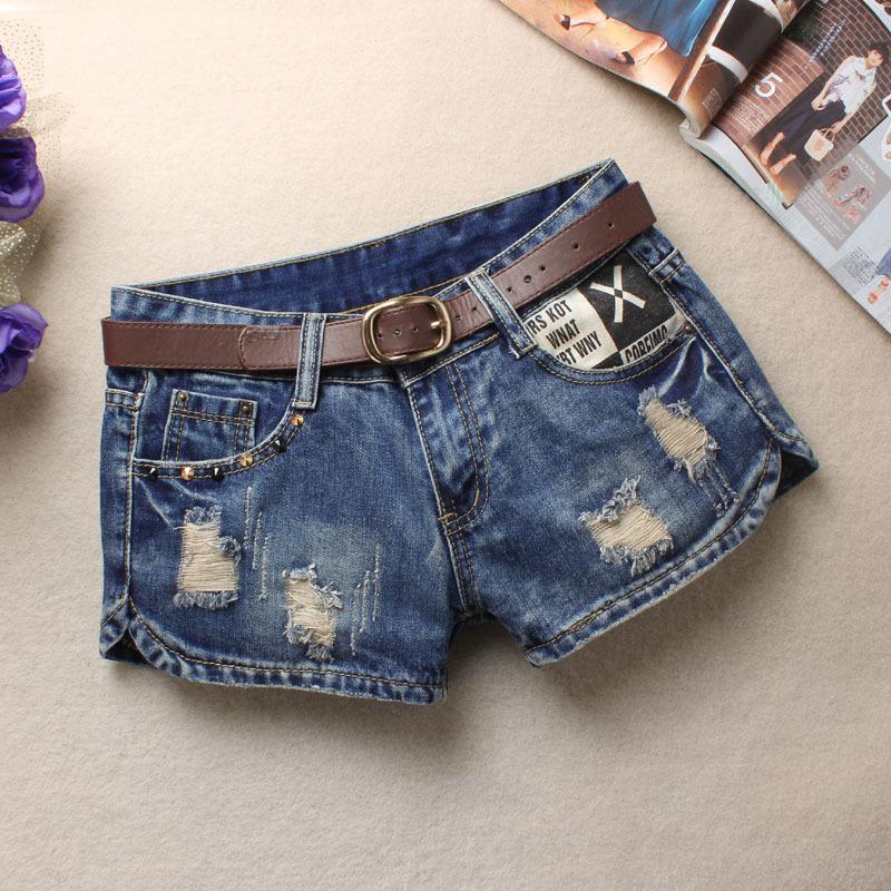 Sommer Damen Trendy Hole Denim Shorts Fashion Beggars Shorts Jean Low Waist Jeans Shorts ohne Gürtel L blau