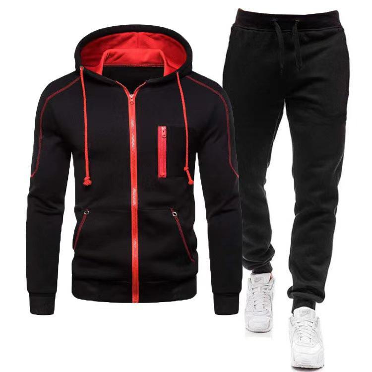 Herren 2024 Einfarbiges Reißverschluss-Hoodie- und Jogginghosen-Set - Digitale Freizeitsportbekleidung XL schwarz