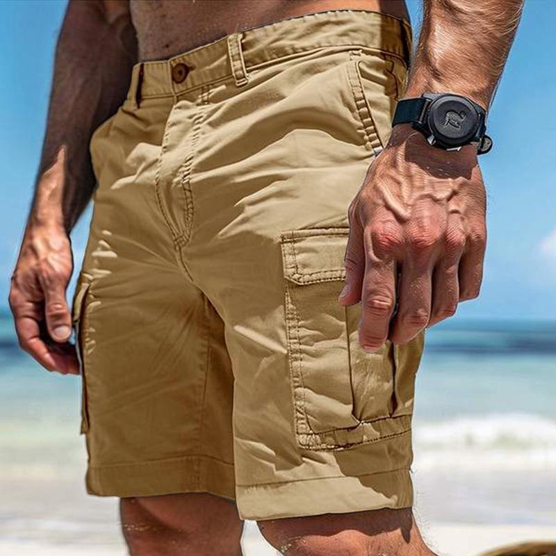 Lässige, lockere Cargo-Shorts für Herren, Sommer, trendige Patchwork-Shorts mit mehreren Taschen, Herrenmode, einfarbig, gerade Shorts S khaki