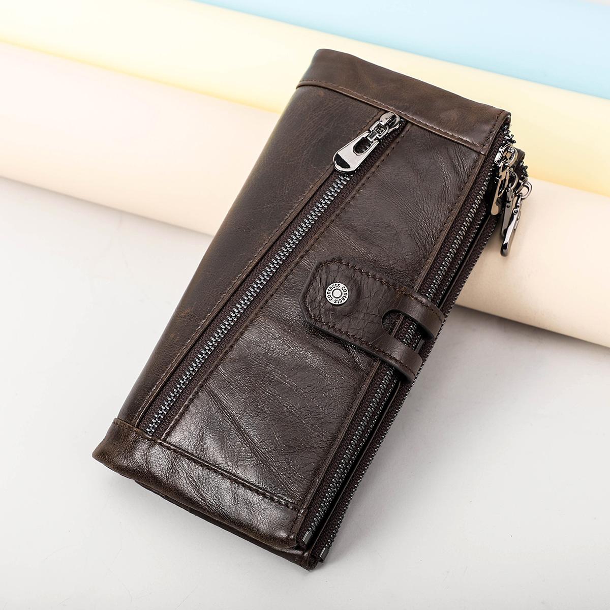 CONTACT'S Echtleder-Geldbörse, lange Clutch-Tasche für Damen, mit Reißverschluss, Handytasche, Münzgeldbörse, hochwertiger Kartenhalter kaffeebraun
