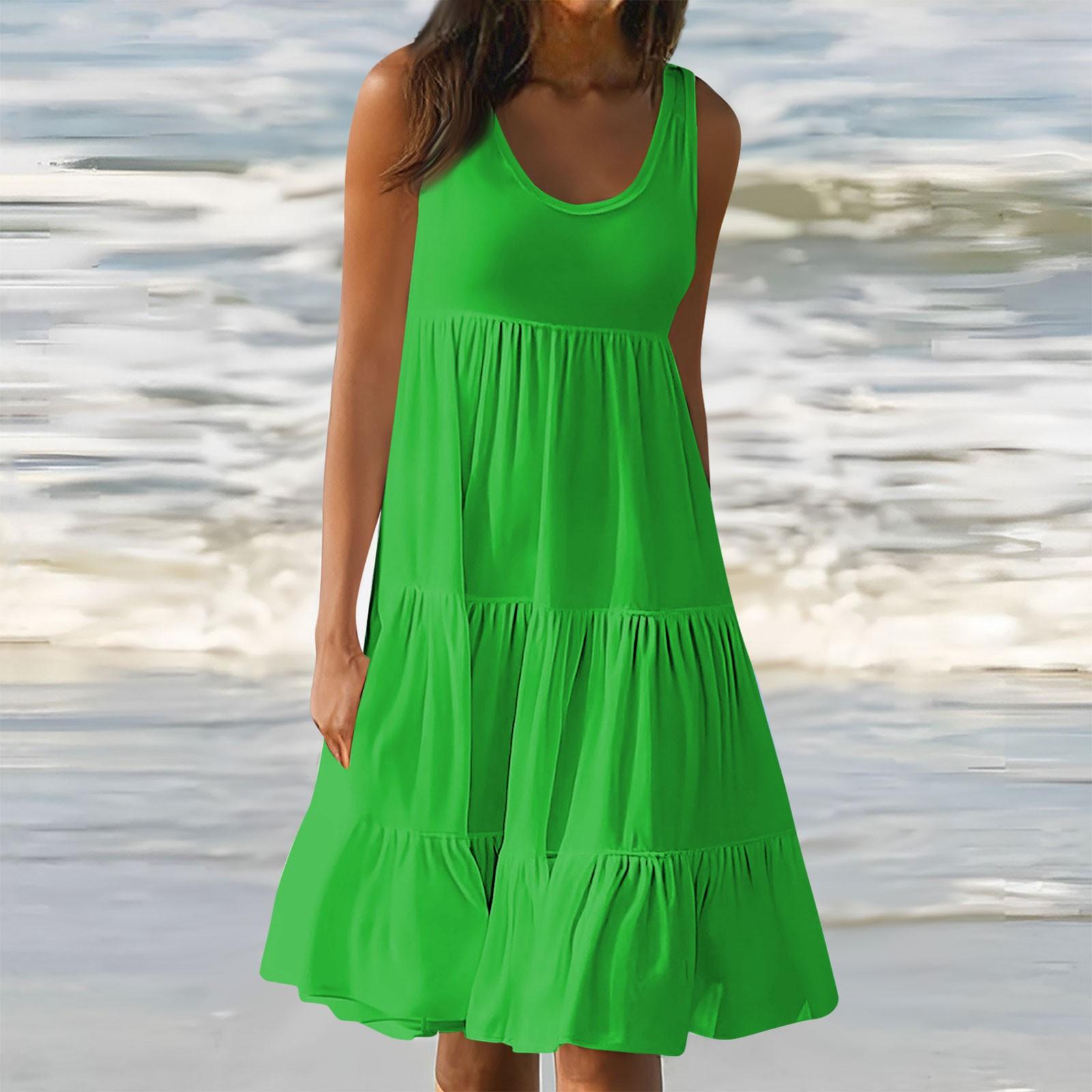 Damen-Weste-Kleider, Sommer, Frühling, plissiert, böhmische Kleider, niedlich, ärmellos, fließend, Strand, gerade, T-Shirt, Tank-Kleider, Rundhals-Kleider XXL dunkelgrüne