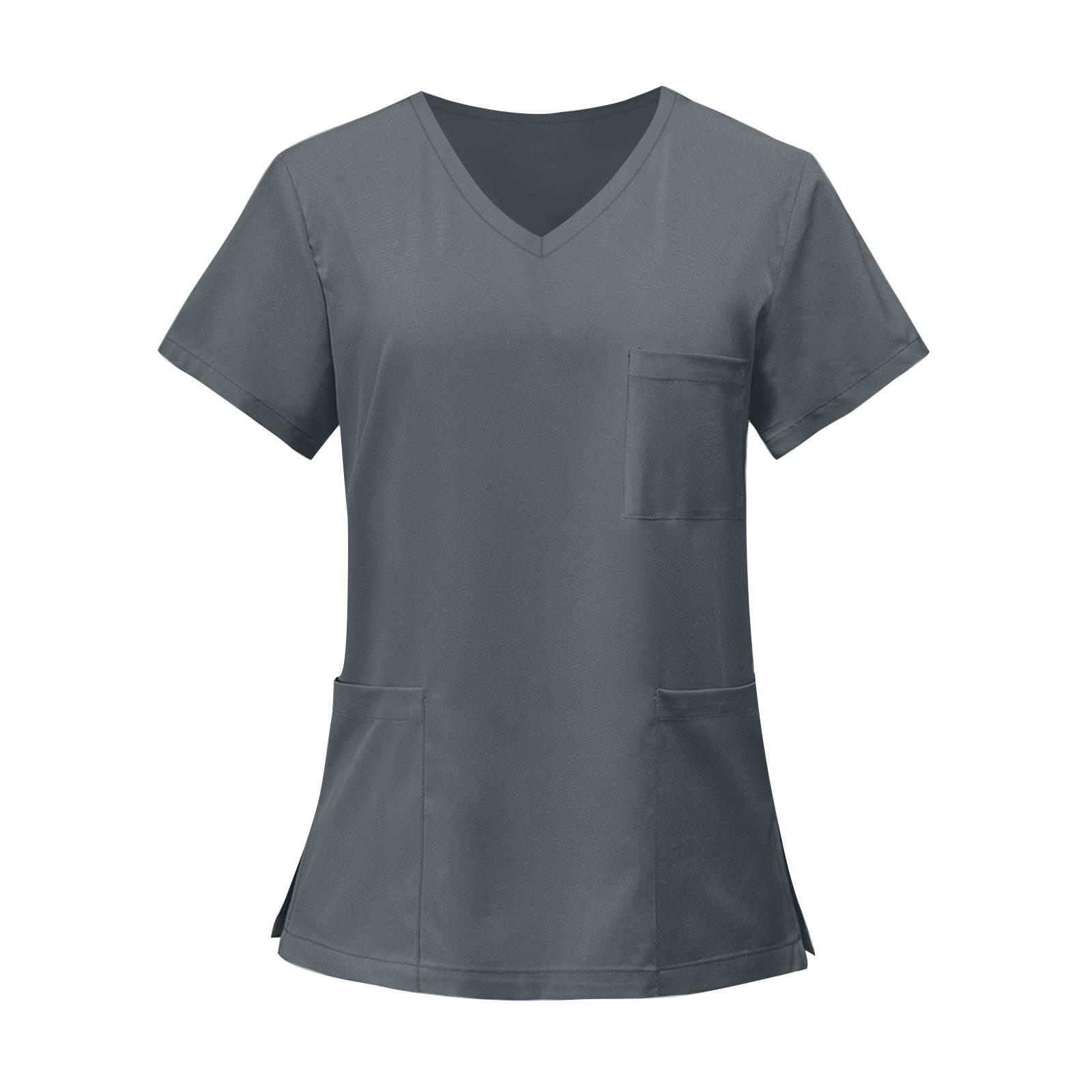 Damen V-Ausschnitt Kasack Kurzarm Einfarbig Uniformhemd Mit Mehreren Taschen Für Medizinische Zahnärztliche Klinik Arbeitskleidung S