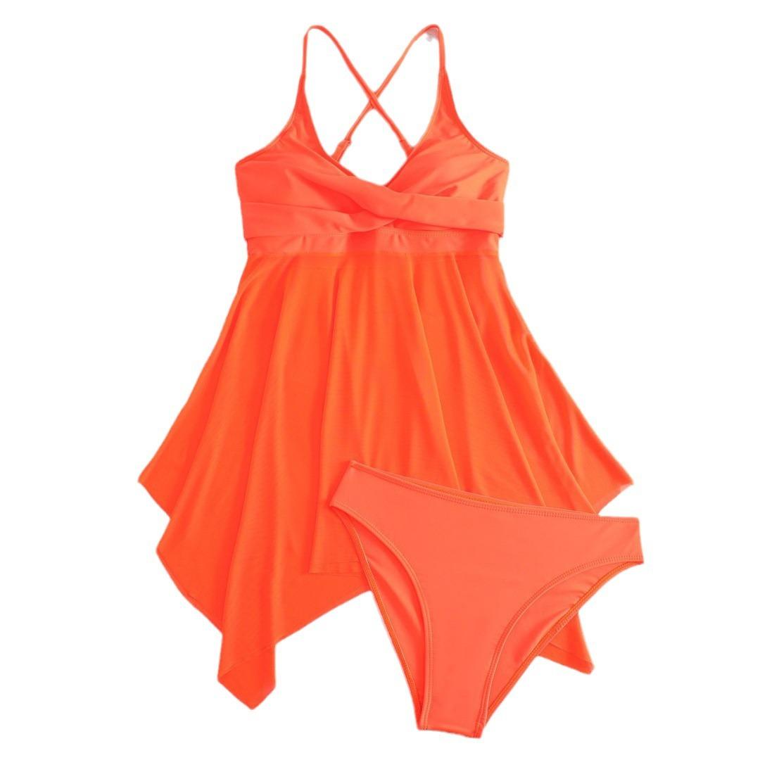 Modischer zweiteiliger sexy Badeanzug für Damen aus Netzstoff, gepolsterte Vorderseite, überkreuztes rückenfreies Schwimmkleid, solide Slips, Bademode-Set, große Größe, Tankini-Badeanzug L orange