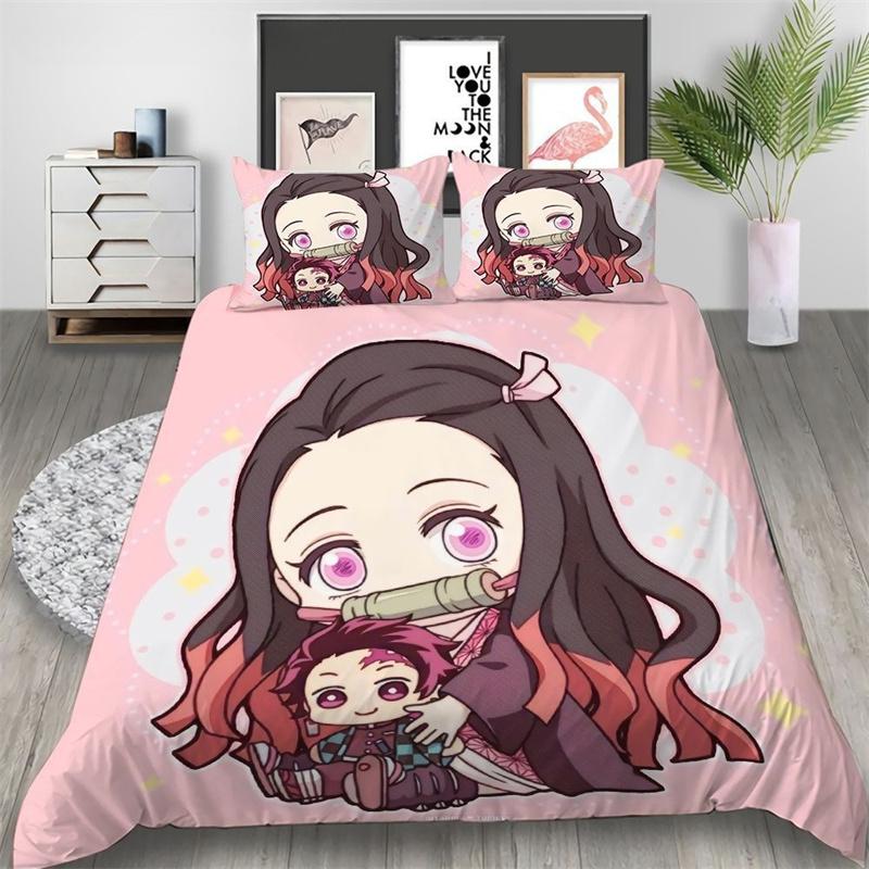 Japan Anime 3D-Druck Kawaii Demon Slayer Bettwäsche-Set Bettbezüge Bettdecke Bettwäsche-Sets Bettwäsche Bettwäsche Heimtextilien 135x200cm 2pcs